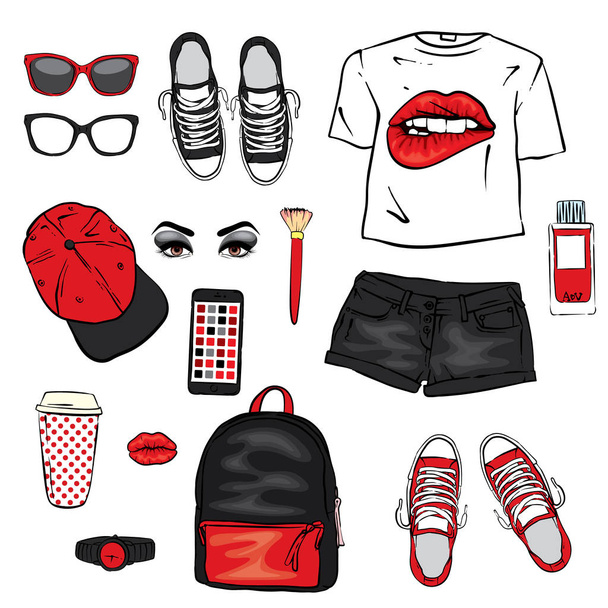 A set of women's clothes. Teenage style. T-shirt with print in the form of lips, backpack, sneakers, watch, smartphone, cap, shorts and perfume bottles. Vector illustration for a postcard or a poster. - Vector, Image