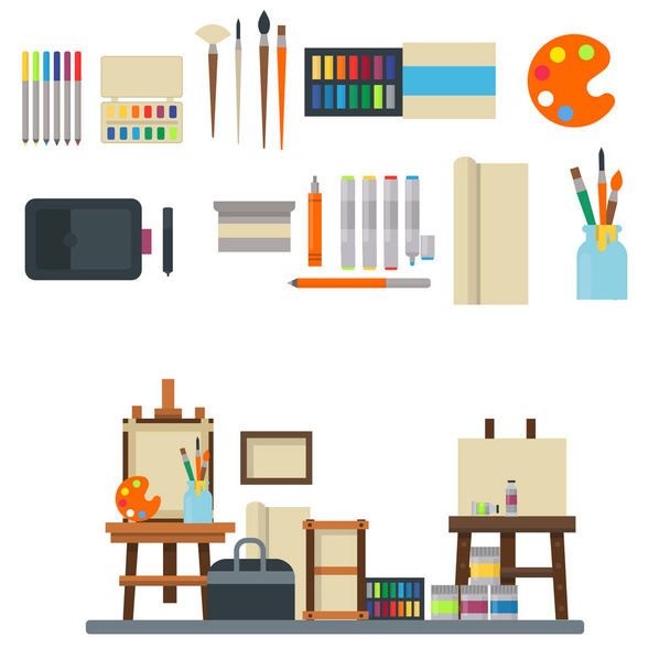 Painting art tools palette icon set flat vector illustration details stationery creative paint equipment. - Vector, Image