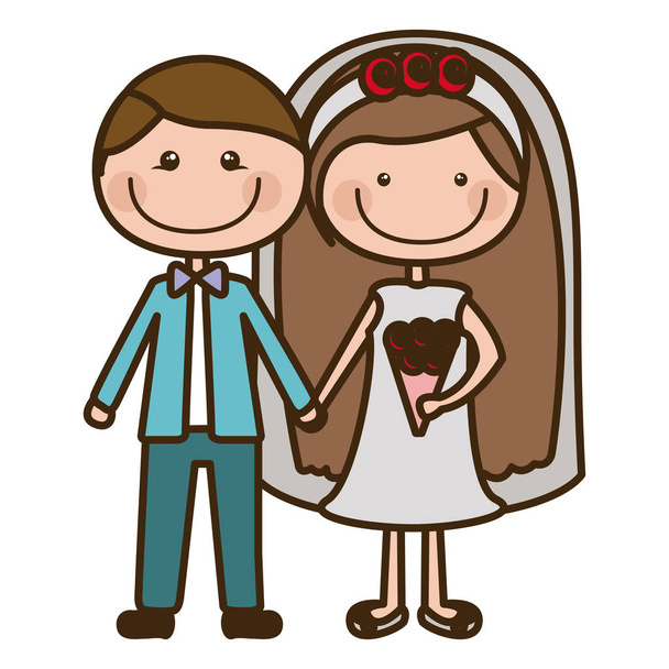 кольоровий силует мультфільм наречений з офіційним костюмом і наречена з довгим волоссям
 - Вектор, зображення