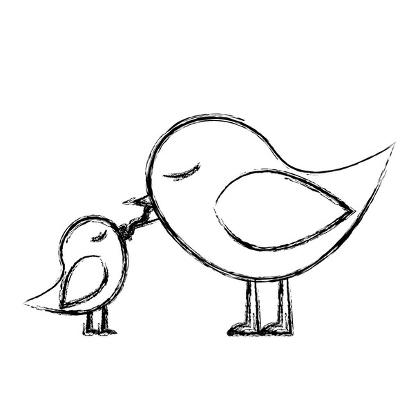monochrome sketch of bird feeding a chick - Vector, Image