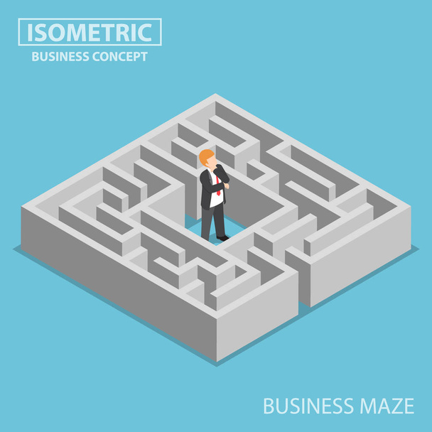 Isometric confused businessman stuck in a maze - Vector, Image