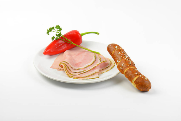 asparagus coated ham, red pepper and roll - Photo, Image