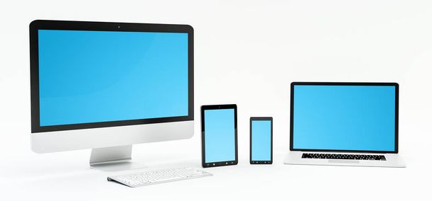 Современный интерьер белого стола с компьютером и устройствами 3D рендерин
 - Фото, изображение