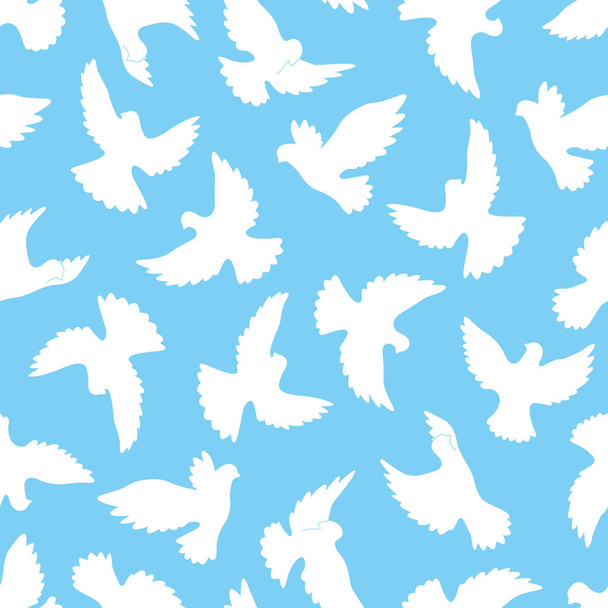 White doves seamless pattern on a blue background. - Vector, Imagen