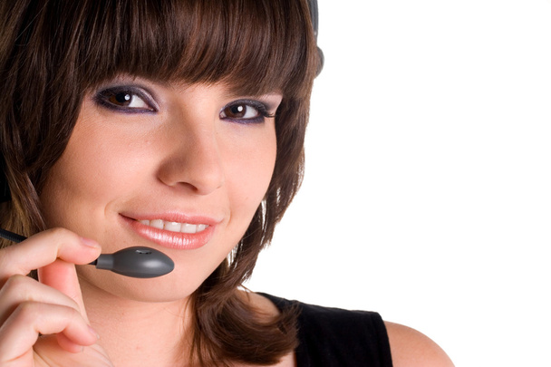 Retrato representante del cliente femenino con auriculares
 - Foto, imagen