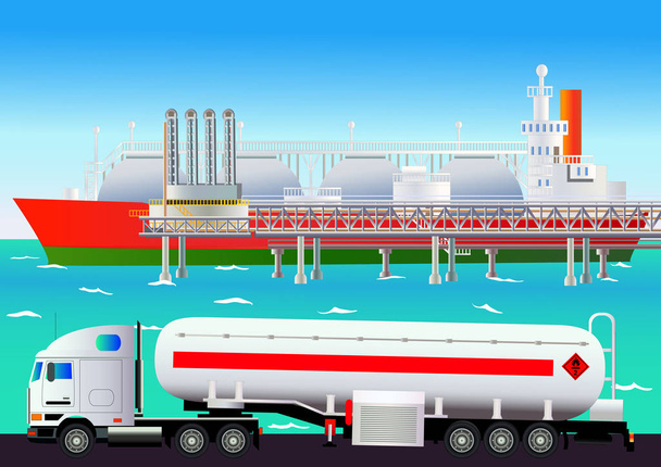LNG terminali, tanker ve kamyon ile. Vektör çizim - Vektör, Görsel