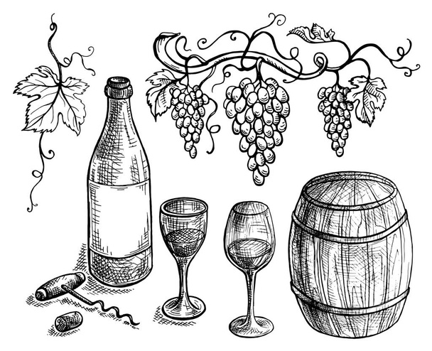 Σετ μπουκάλι κρασί και βαρέλι σταφύλια - Διάνυσμα, εικόνα