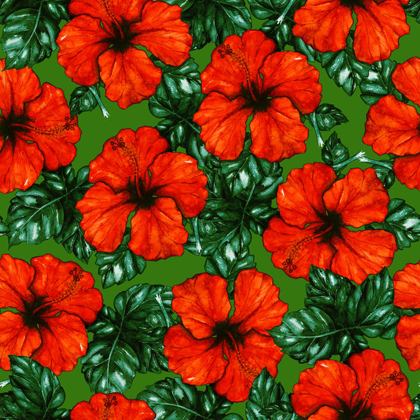 Watercolor red hibiscus karkade tropical exotic flower plant seamless pattern - Foto, Bild