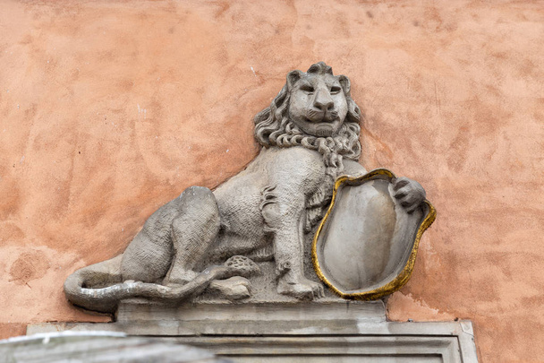 Львиный рельеф на стене здания в Варшаве, Польша
. - Фото, изображение