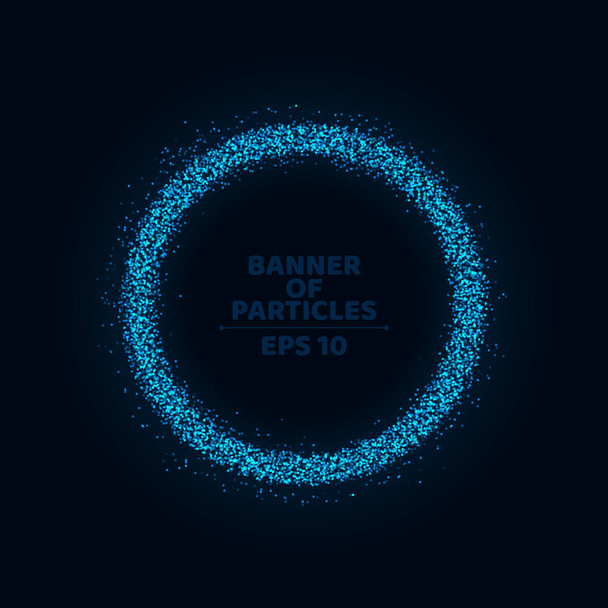 A glowing and twirling banner of small, round particles on a dark background. A place for your projects. The magic circle. Beautiful movement in the night scene. Vector illustration - ベクター画像