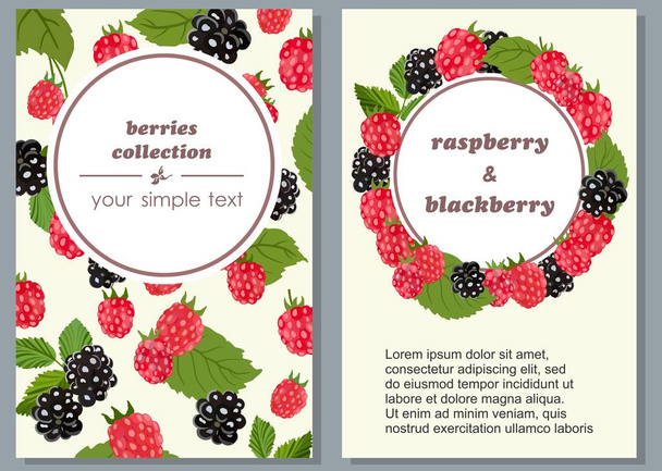 Banners with ripe fruits of raspberries and blueberries. Vector illustration. - Vector, Image