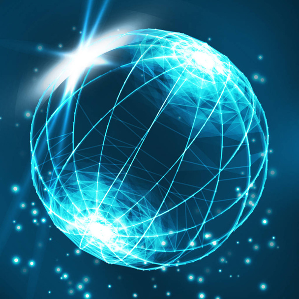 Abstract vector distorted sphere. Explosion of sphere with glowing particles. Abstract Globe Grid. Sphere Illustration. 3D Grid Design. Technology Concept. Vector Illustration. - Vector, Image
