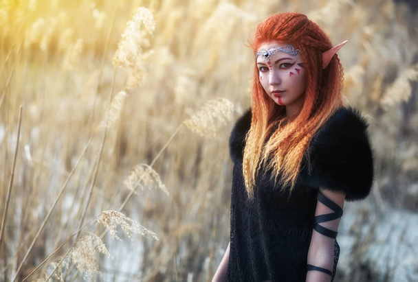 Elf women with fiery hair on nature. Beautiful young fantasy girl - Foto, imagen