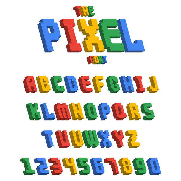 Pixel Retro-Schrift Videospiel Design 8 Bit Buchstaben Zahlen elektronische futuristische Stil Vektor Abc-Schrift digitale kreative Alphabet isoliert - Vektor, Bild