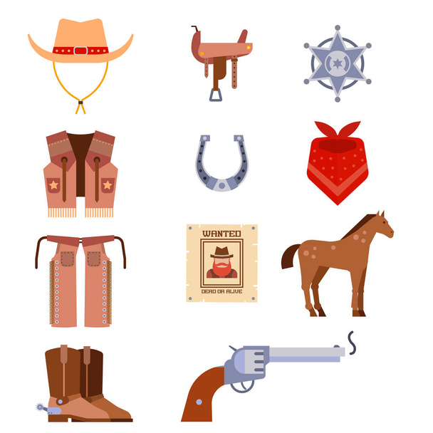 Wild west elemek ikonok cowboy rodeo berendezések és a különböző kiegészítők vektoros illusztráció. - Vektor, kép