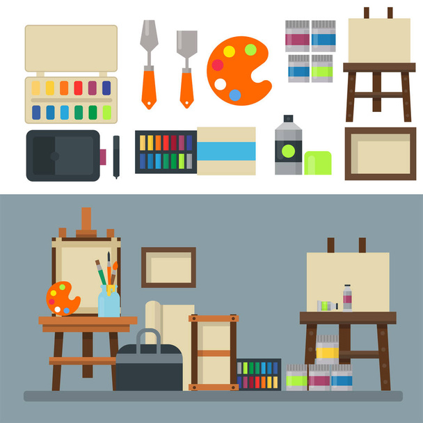 Painting art tools palette icon set flat vector illustration details stationery creative paint equipment. - Vector, Image