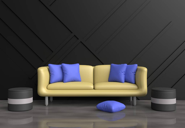 Серая гостиная украшена желтым диваном, синими подушками, серым стулом, черной деревянной стеной с решетчатым узором и цементным полом с естественным освещением. 3D рендеринг
. - Фото, изображение