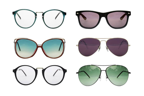 Συλλογή γυαλιών που απομονώνονται σε λευκό φόντο, σύνολο φωτογραφιών γυαλιά ηλίου. - Φωτογραφία, εικόνα