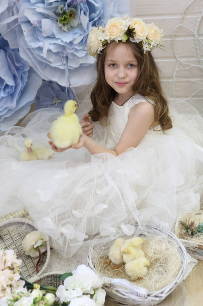 girl in a wreath and a white dress playing with a live duck - Fotoğraf, Görsel