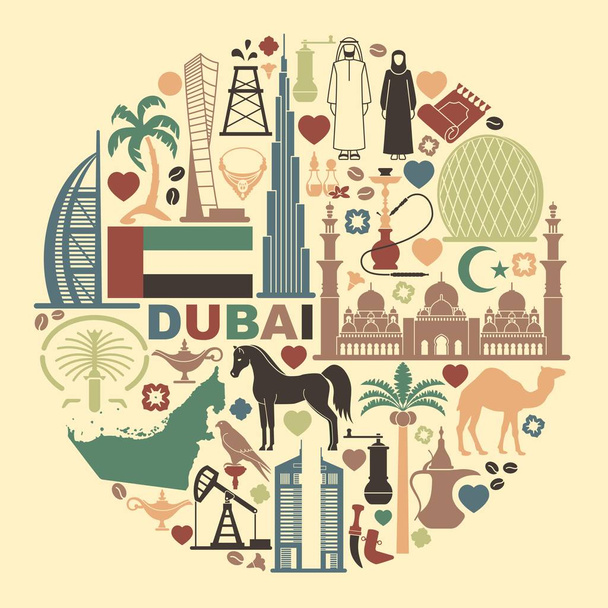 Conjunto de ícones Emirados Árabes Unidos na forma de um círculo
 - Vetor, Imagem