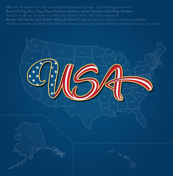 Stati Uniti Bandiera Calligraphic Text over US Mappa Blu
 - Vettoriali, immagini