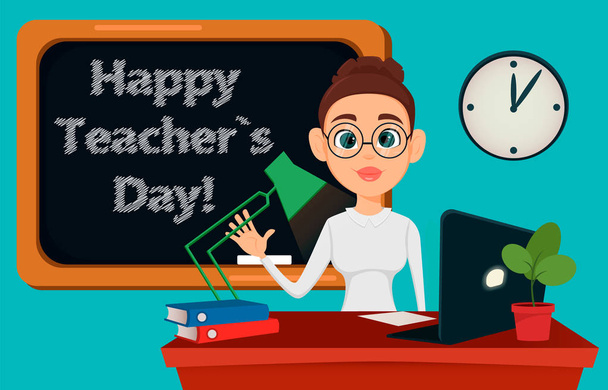 Tanár ül asztalára közben leckét az osztályteremben. Vidám női oktató szemüveg. Boldog tanár nap. -stock vector - Vektor, kép