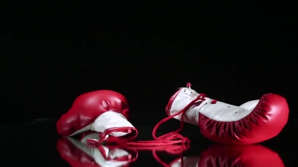 Rode bokshandschoenen draaien op een reflecterend oppervlak. - Video