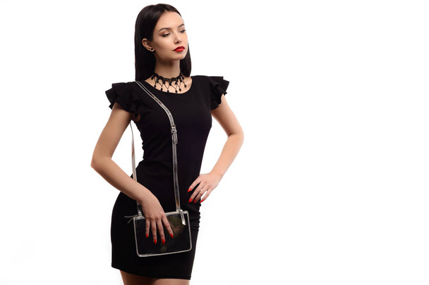 Close up stylish woman in black dress with small silver bag and choker. fashion concept - Photo, Image
