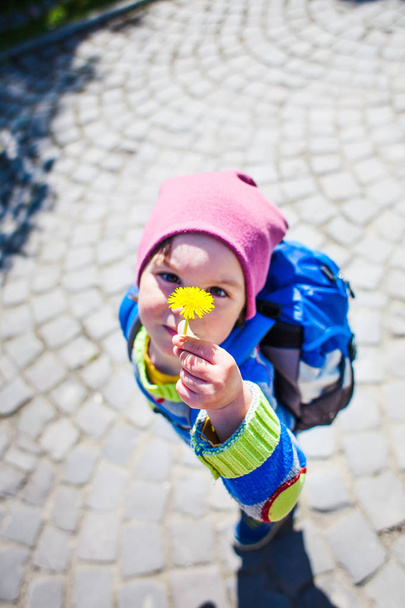 Хлопчик з рюкзаком показує квітку кульбаби
. - Фото, зображення