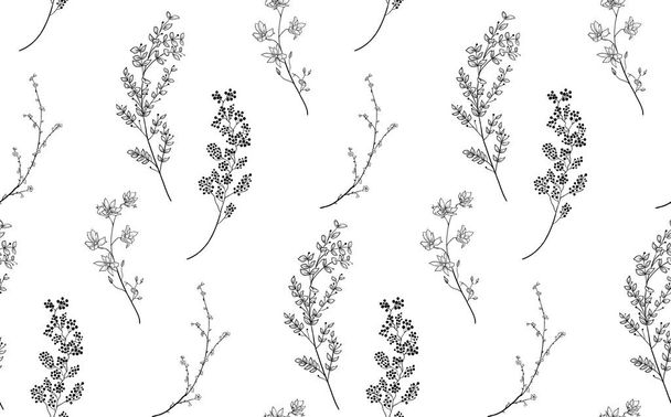 Vector Black Seamless Pattern with Drawn Branches, Plants - Vecteur, image