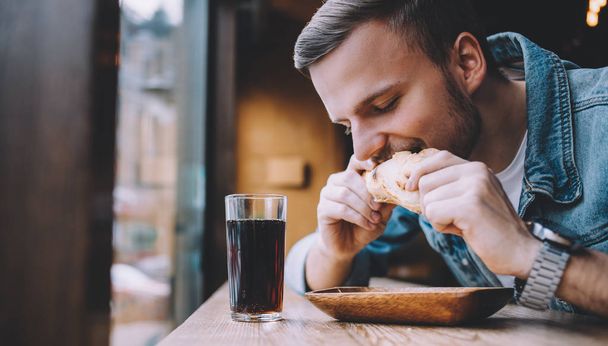 Young man sitting in a restaurant and eating a hamburger - 写真・画像
