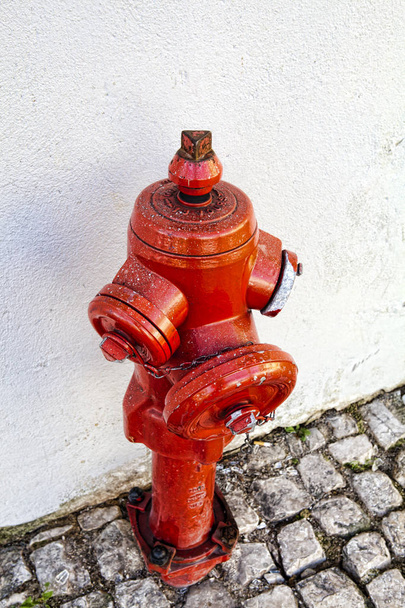 A closeup red fire hydrant on a street - Fotoğraf, Görsel