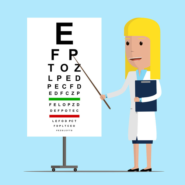 Ophthalmologist point out to eyesight check table. Oculist doctor concept. Vector illustration - Vettoriali, immagini