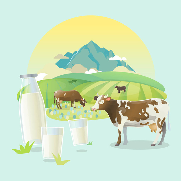 Выпас коров на альпийских лугах, на фоне горного ландшафта
. - Вектор,изображение