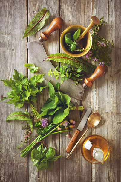 fresh herbs and spices on wooden table - Foto, Imagem