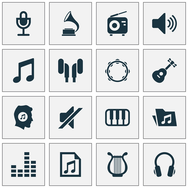 Musiikki Icons Set. Kokoelma Earmuff, Equalizer, Timbrel ja muut elementit. Sisältää myös symbolit, kuten Huomautus, Piano, Mic
. - Vektori, kuva