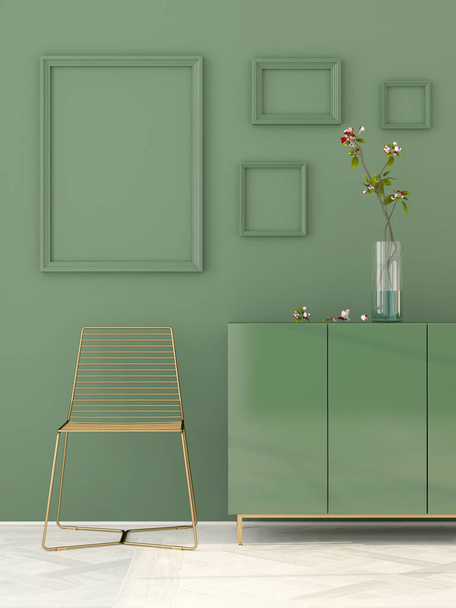 Green interior with a golden chair - Photo, Image