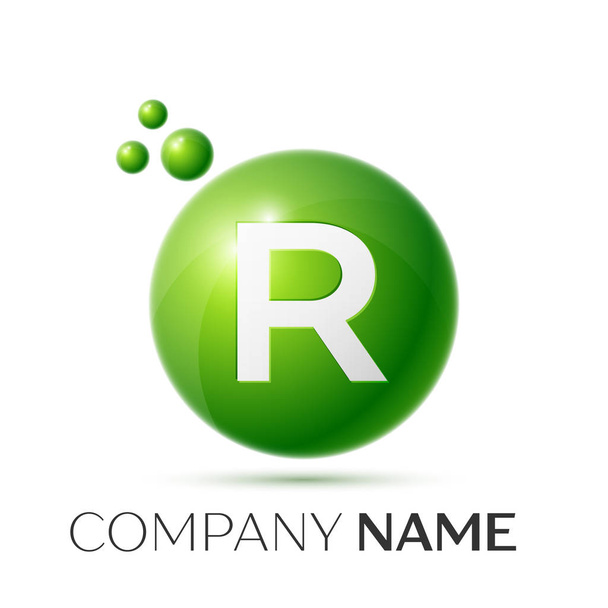 R Letter splash logo. Green dots and circle bubble letter design on grey background. Vector Illustration - Wektor, obraz