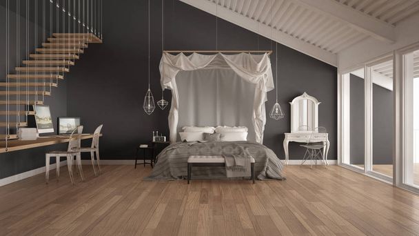 Кровать с балдахином в минималистичной белой и уютной спальне с домашней работой
 - Фото, изображение