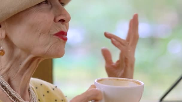 ältere Frau mit Tasse im Gespräch. - Filmmaterial, Video