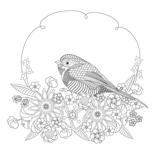 Fantasy bird in flowers. Coloring book for adults and children. Black and white vector illustration. - Vettoriali, immagini