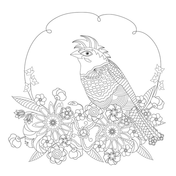 Fantasy bird in flowers. Coloring book for adults and children. Black and white vector illustration. - Vector, afbeelding