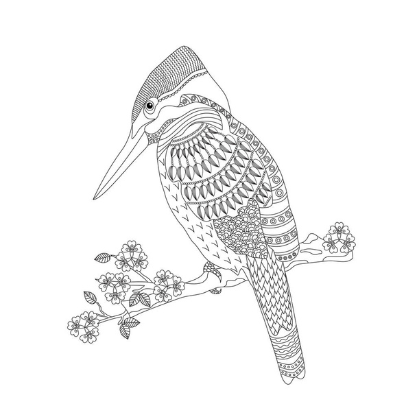 Coloring book for adults and children. Fantasy bird on a branch. Black and white vector illustration. - Vector, imagen