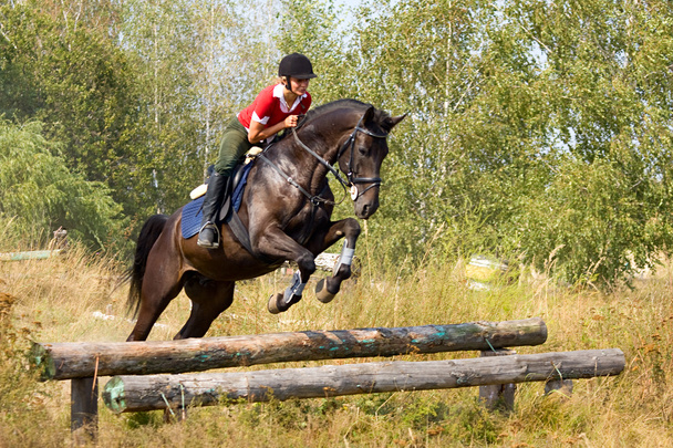 Tyttö hyppäämällä hevonen
 - Valokuva, kuva
