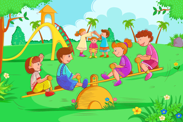 Niños jugando y disfrutando en el balancín en las vacaciones de verano
 - Vector, imagen
