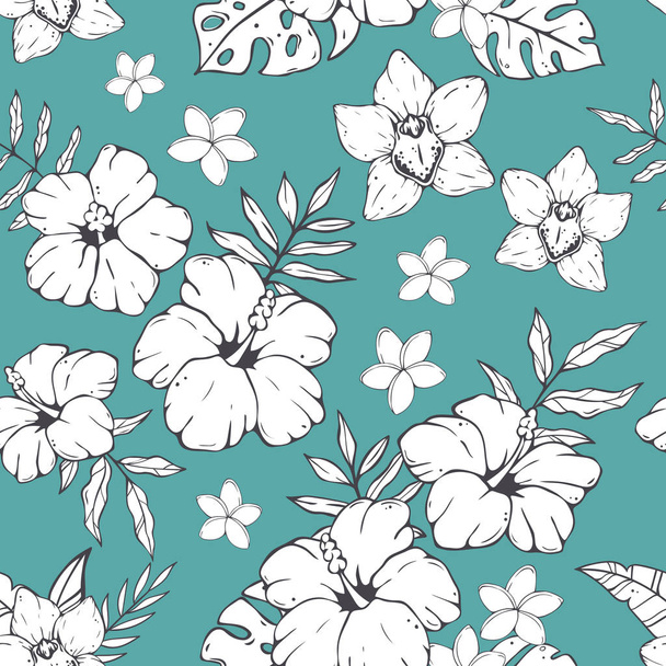 Seamless pattern with doodles and sketches of tropical leaves and flowers. - ベクター画像