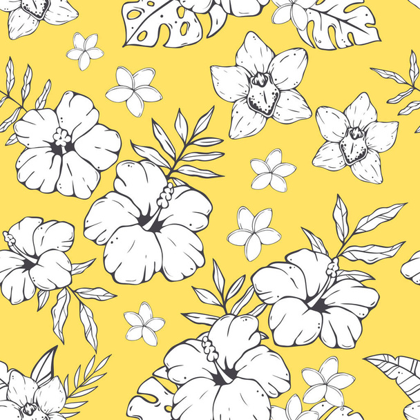 Seamless pattern with doodles and sketches of tropical leaves and flowers. - Wektor, obraz