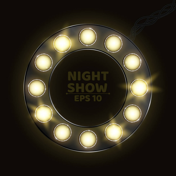 A realistic circle in retro style with wires and shining bulbs. Round banner for different shows and performances. Vector illustration - Vektor, kép
