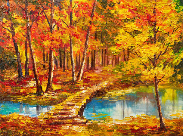 Pintura al óleo paisaje - bosque de otoño cerca del río, hojas de naranja
 - Foto, Imagen