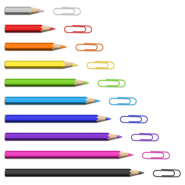 Värikkäitä kyniä ja paperiliittimiä portaiden muodossa
. - Vektori, kuva